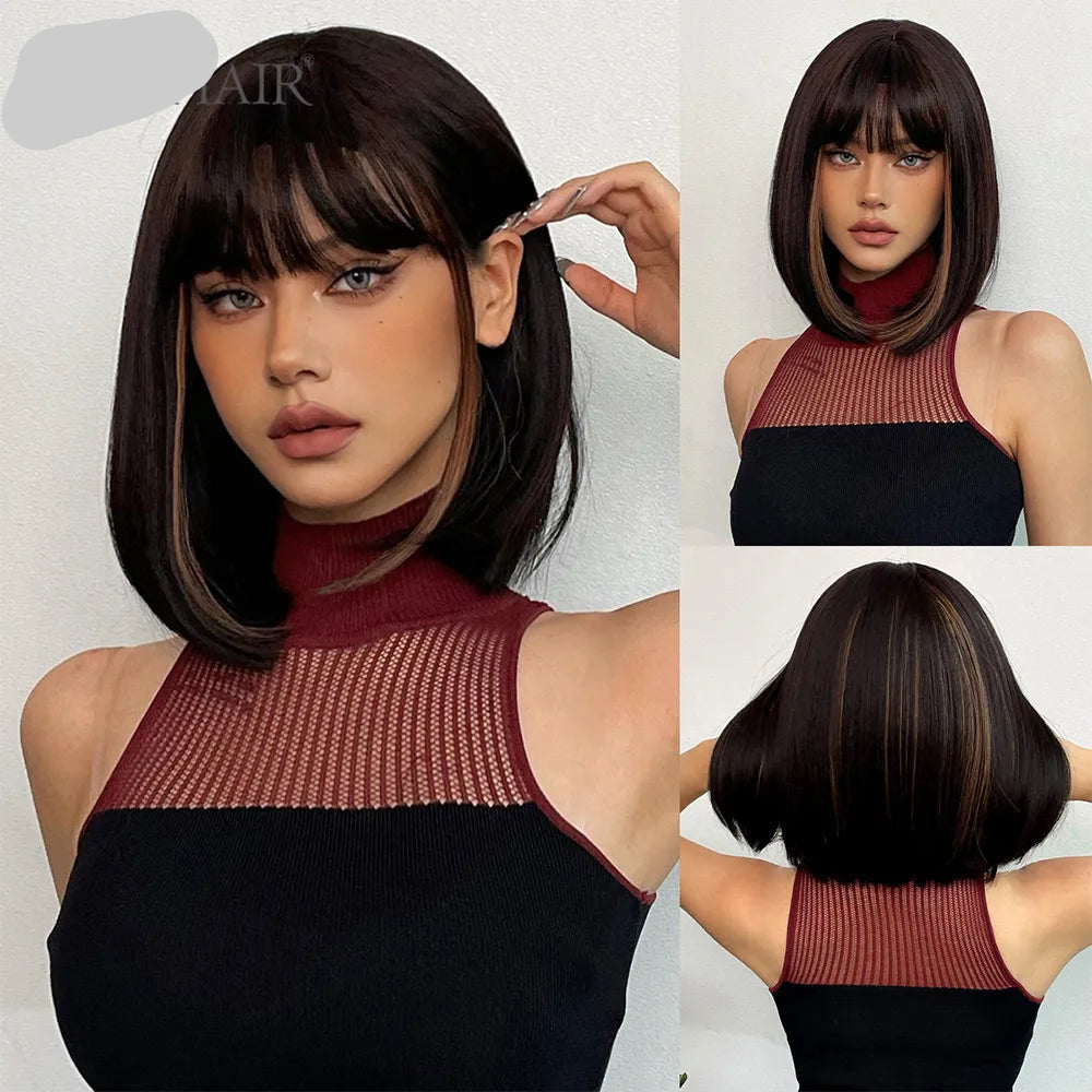 Black Short Straight Bob with Bangs Synthetic Hair Wigs