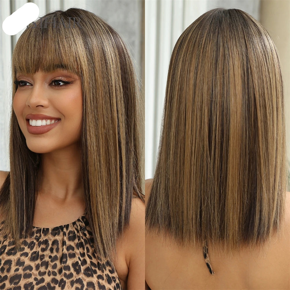Ash Brown Short Straight Bob with Bangs Synthetic Hair Wigs