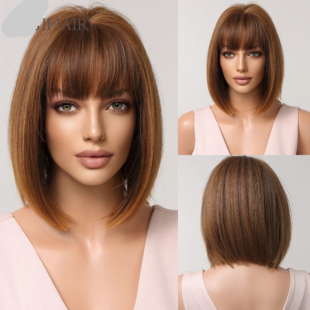 Brown Short Straight Bob with Bangs Synthetic Hair Wigs