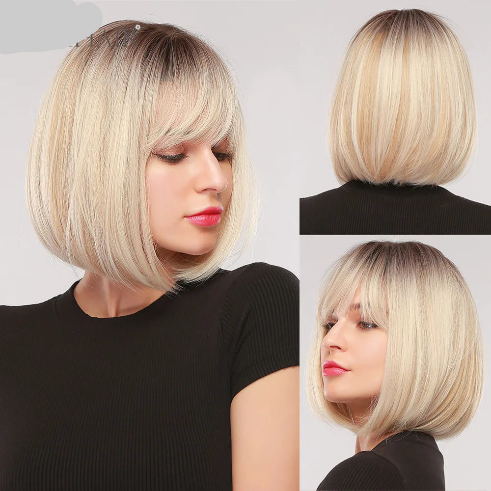 Blonde Short Straight Bob with Bangs Synthetic Hair Wigs
