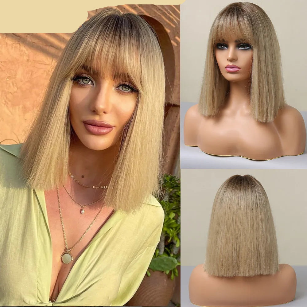 Blonde Short Straight Bob with Bangs Synthetic Hair Wigs