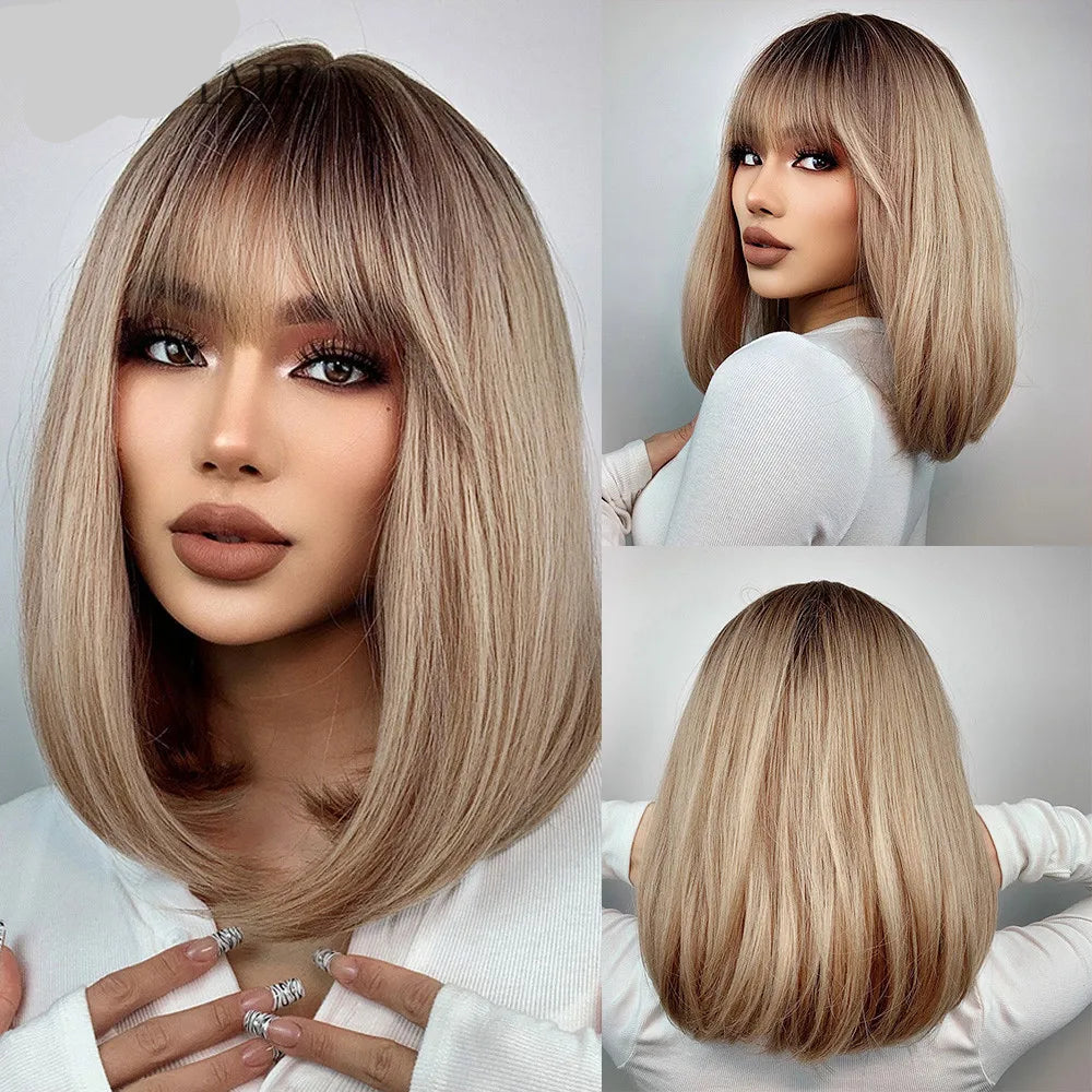 Ash Blonde Short Straight Bob with Bangs Synthetic Hair Wigs