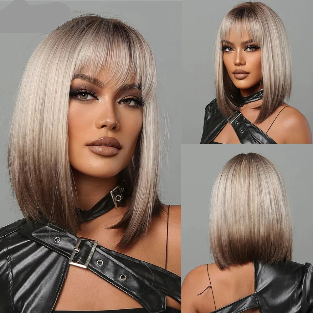 Blonde Brown Short Straight Bob with Bangs Synthetic Hair Wigs