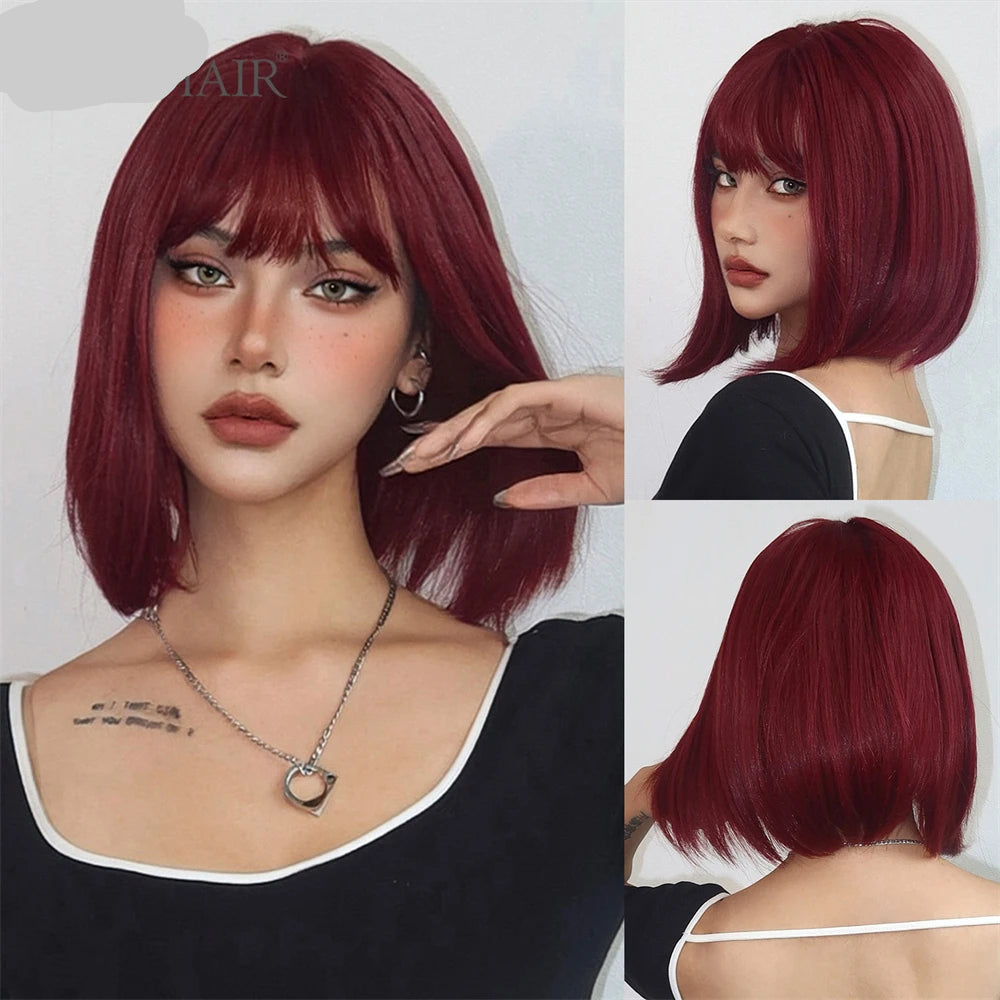 Red Short Straight Bob with Bangs Synthetic Hair Wigs