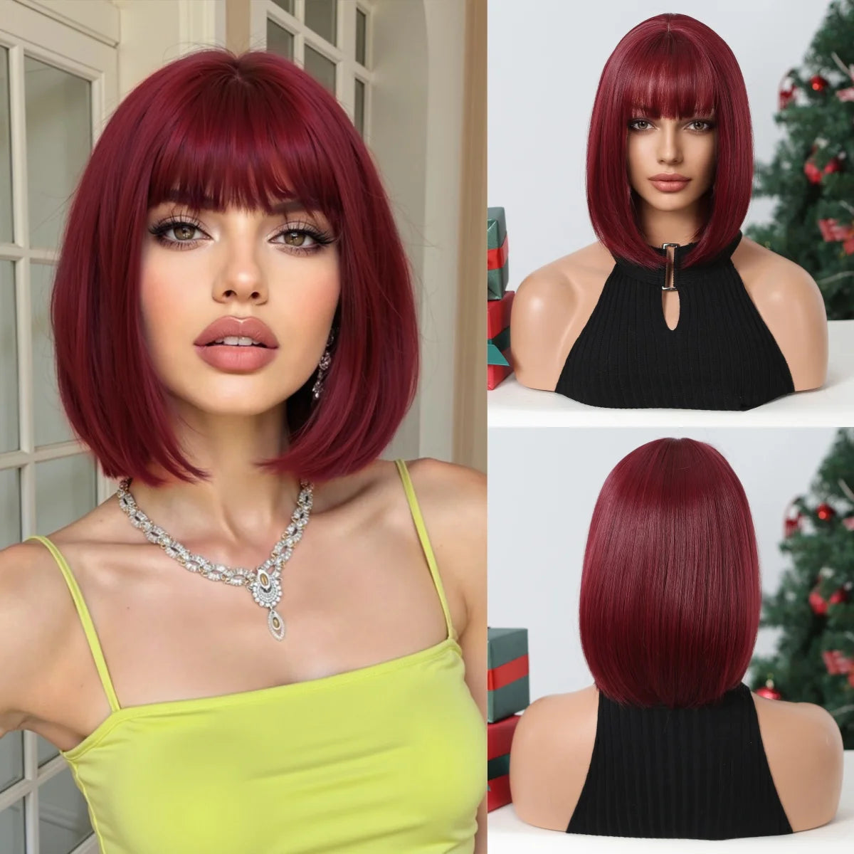 Red Short Straight Heat Resistant Fiber Synthetic Wigs