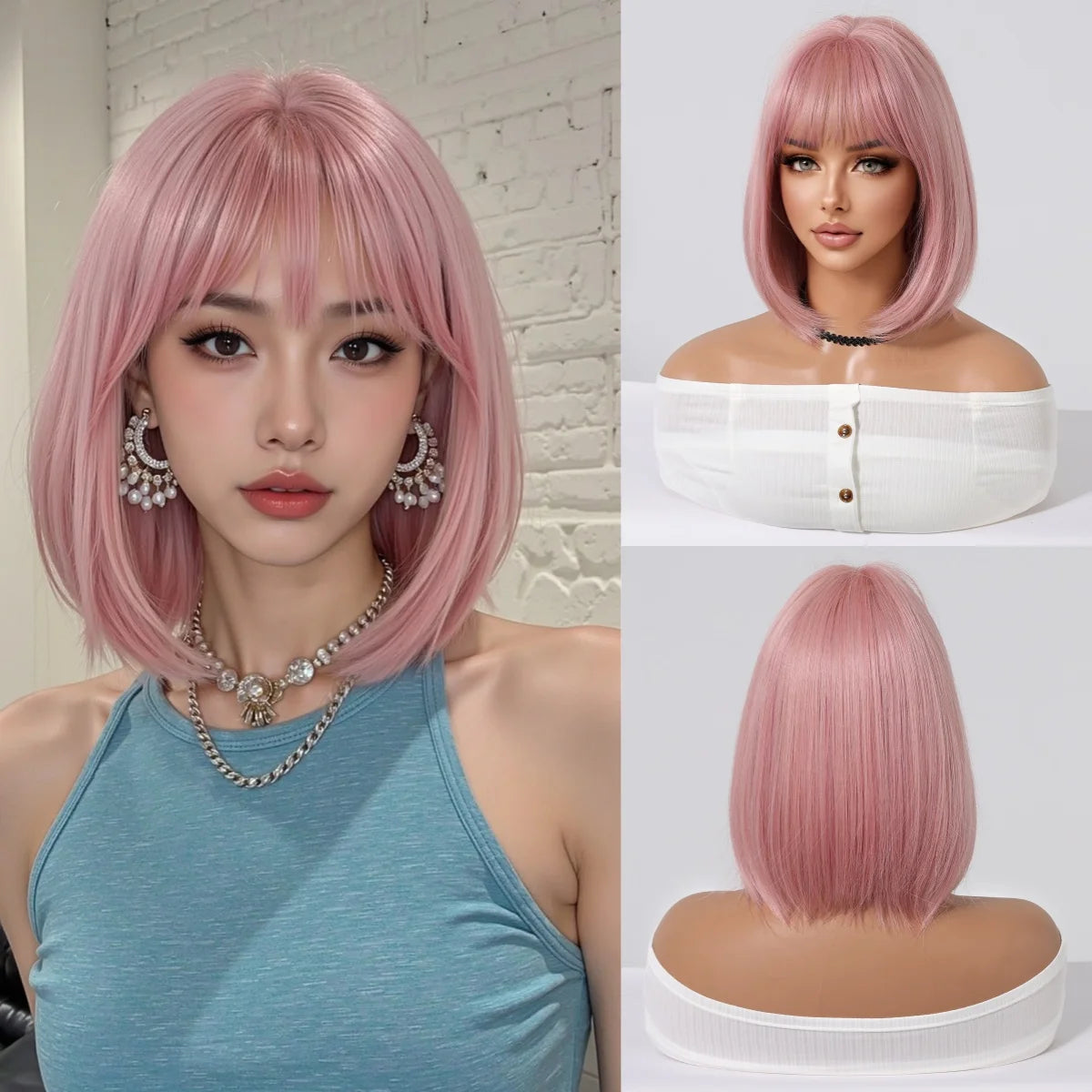 Pink Short Straight Heat Resistant Fiber Synthetic Wigs