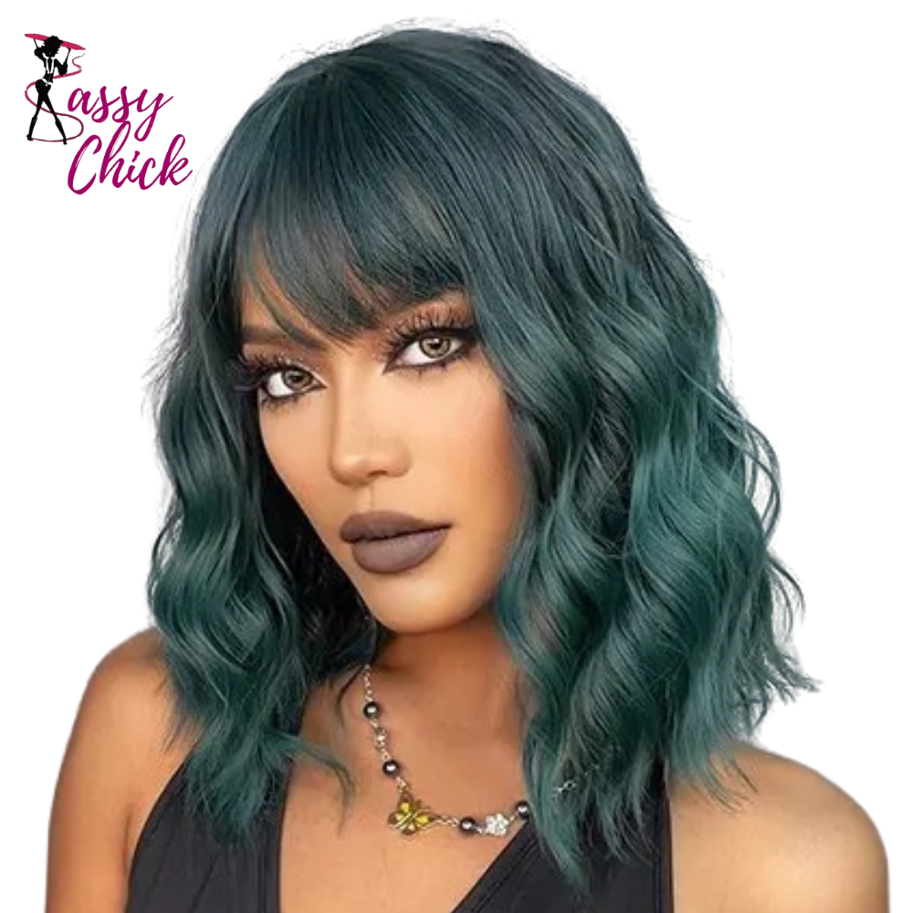 Short Wavy Dark Brown Bob Natural Synthetic Wigs Sassy Chick Logo