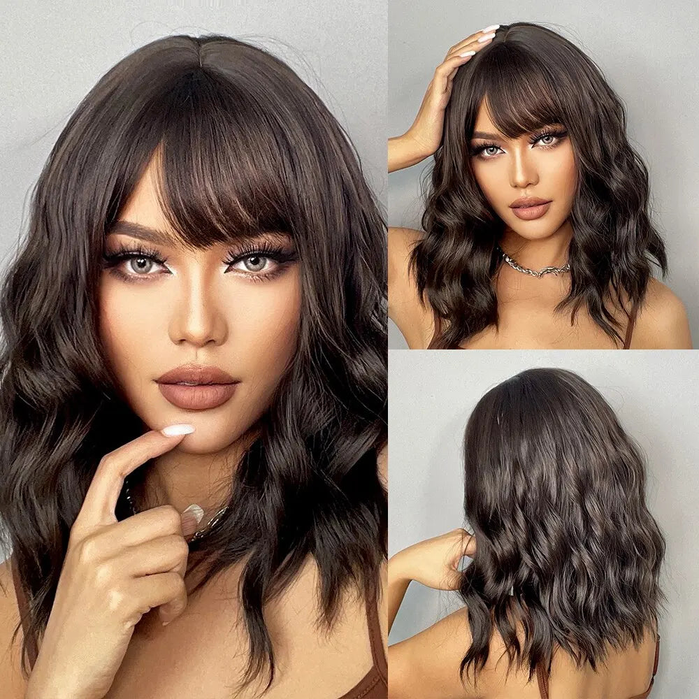 Black Short Wavy Dark Brown Bob Natural Synthetic Wigs