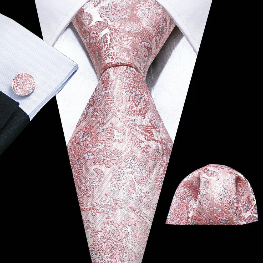 Pink Silk Jacquard Floral Wedding Business Necktie Handkerchief Cufflinks