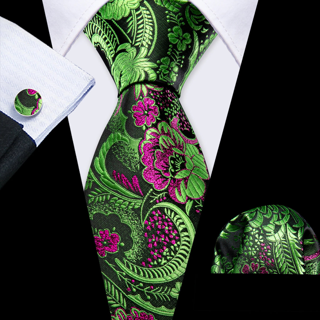 Green Silk Jacquard Floral Wedding Business Necktie Handkerchief Cufflinks