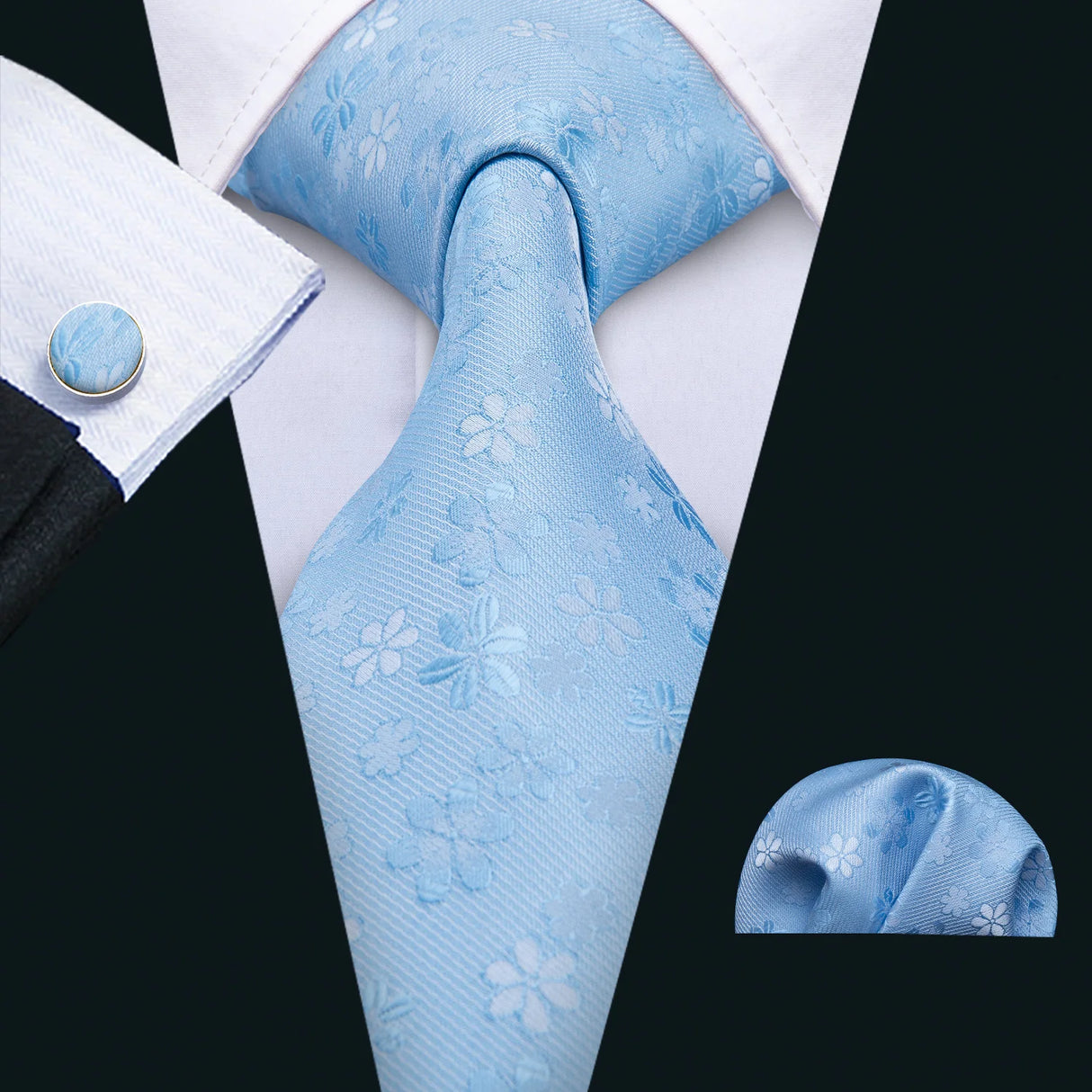Blue Silk Jacquard Floral Wedding Business Necktie Handkerchief Cufflinks