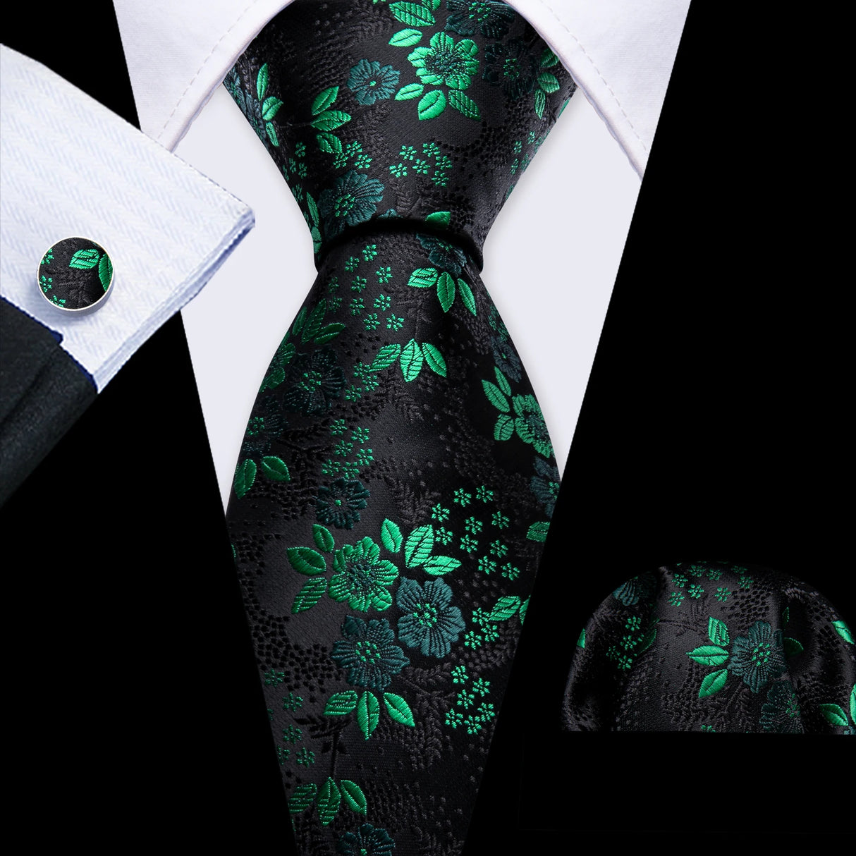 Green Silk Jacquard Floral Wedding Business Necktie Handkerchief Cufflinks