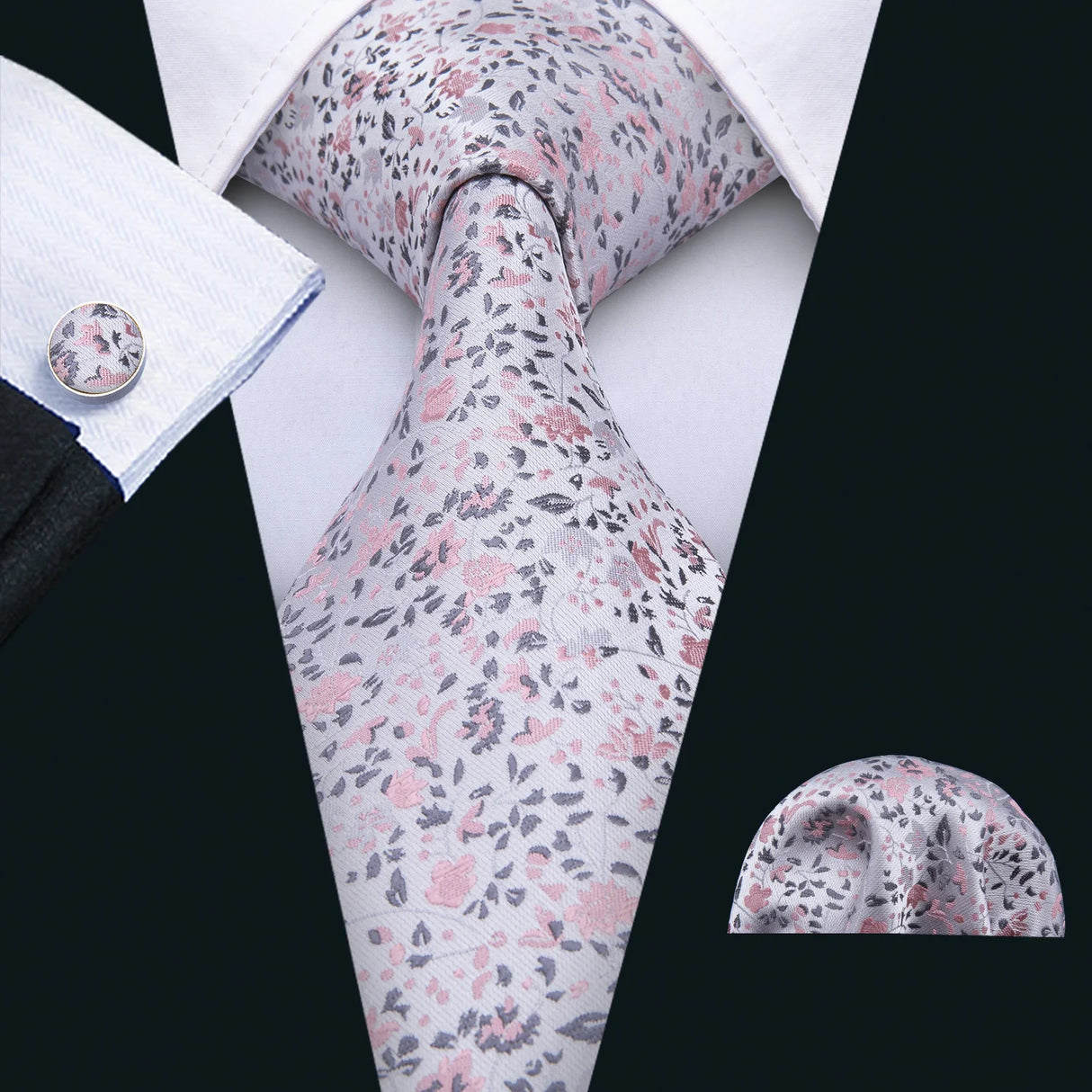 White Silk Jacquard Floral Wedding Business Necktie Handkerchief Cufflinks