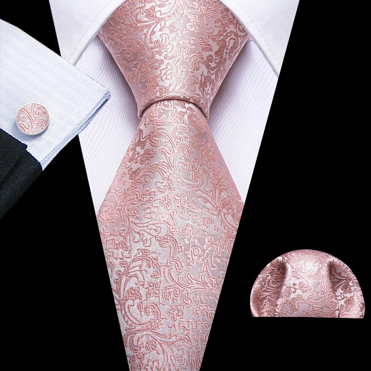 Pink Silk Jacquard Floral Wedding Business Necktie Handkerchief Cufflinks