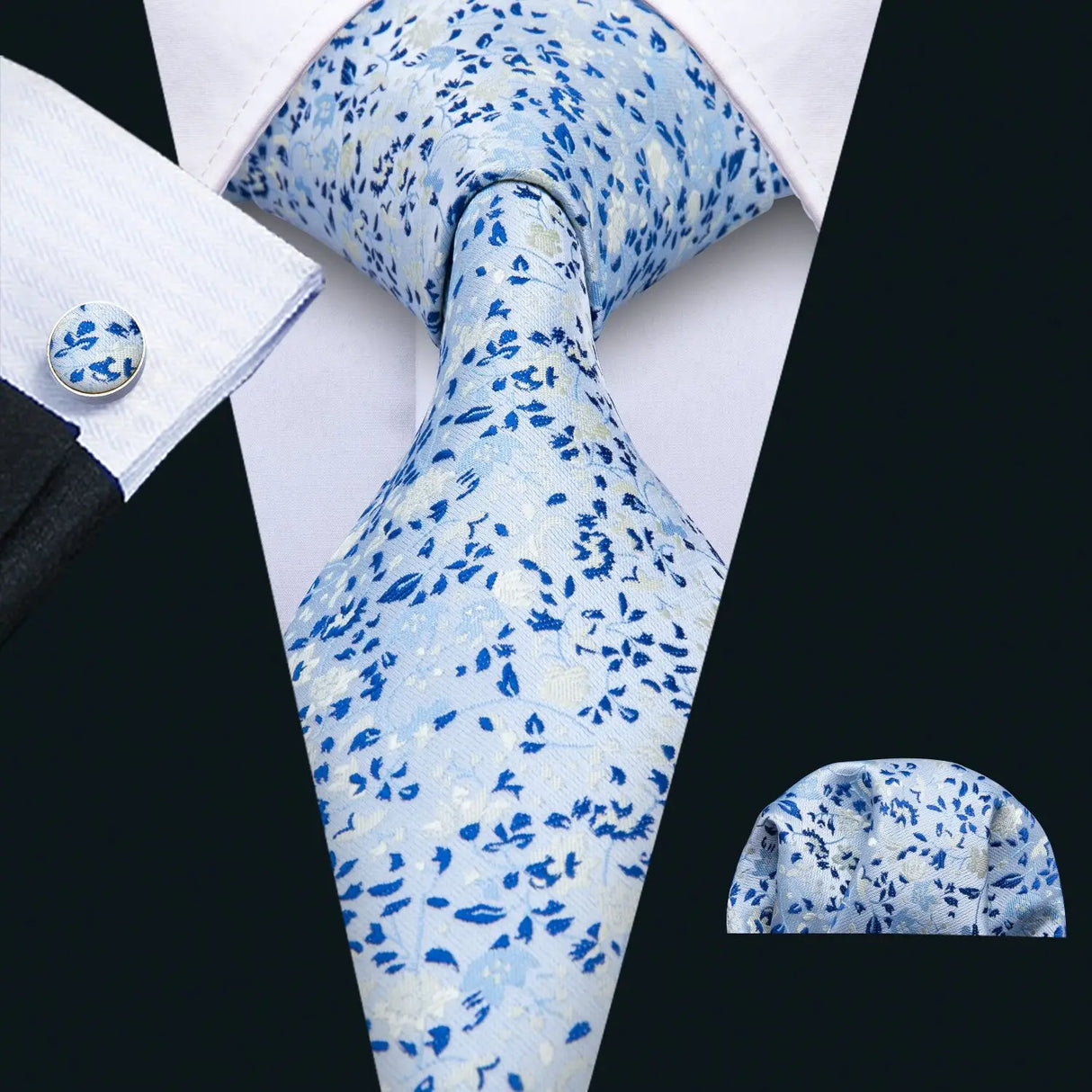 Blue Silk Jacquard Floral Wedding Business Necktie Handkerchief Cufflinks
