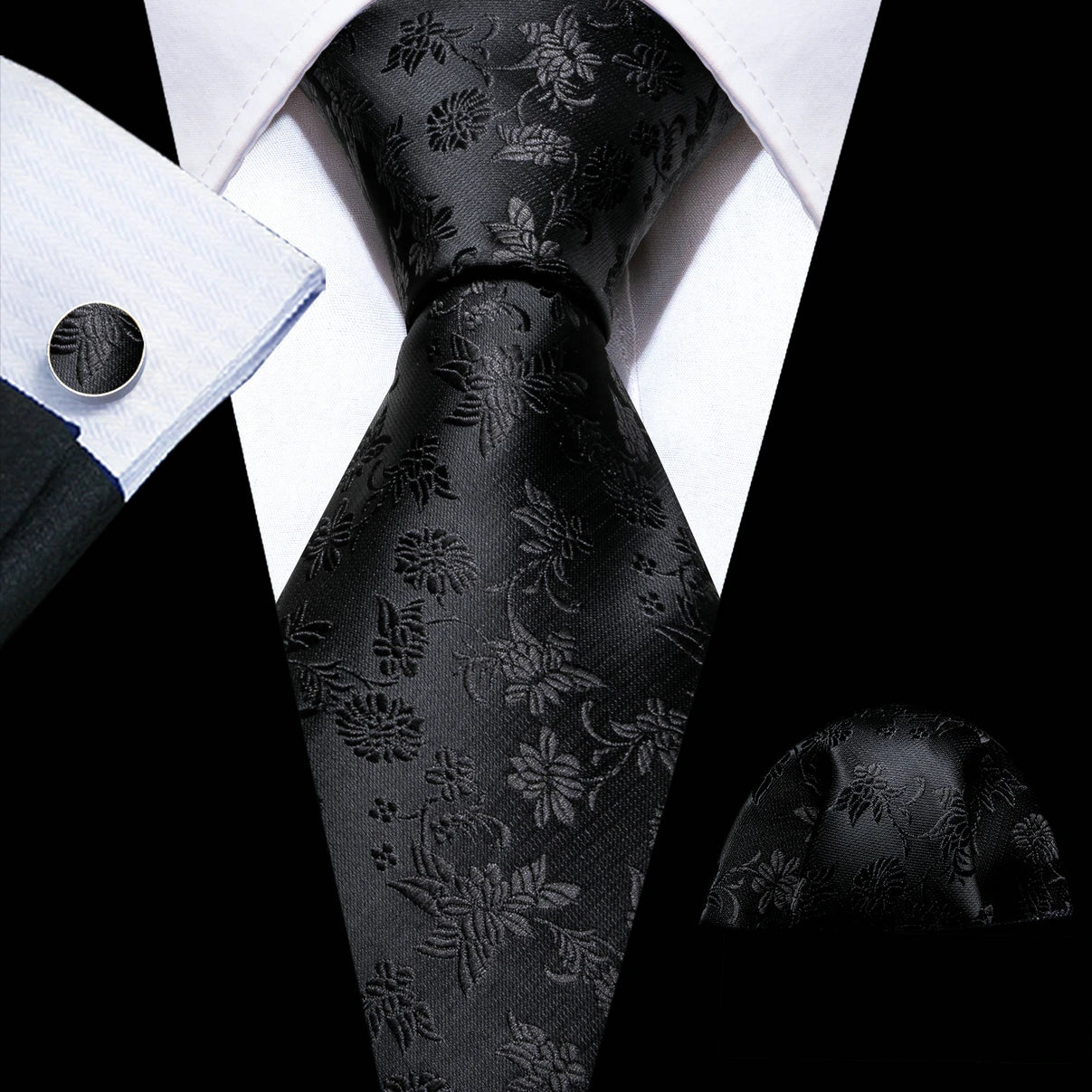 Black Silk Jacquard Floral Wedding Business Necktie Handkerchief Cufflinks