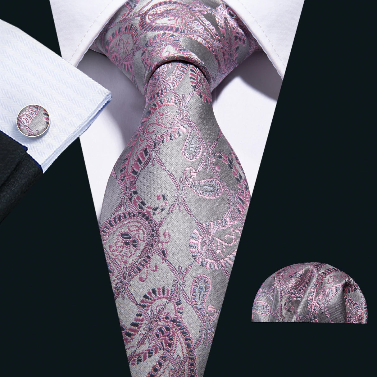 Gray Silk Jacquard Floral Wedding Business Necktie Handkerchief Cufflinks