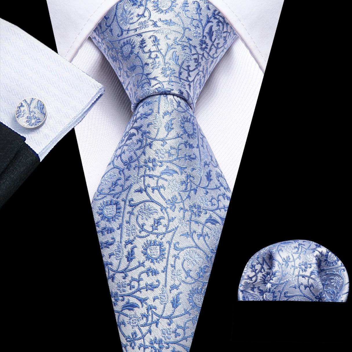 Blue Silk Jacquard Floral Wedding Business Necktie Handkerchief Cufflinks