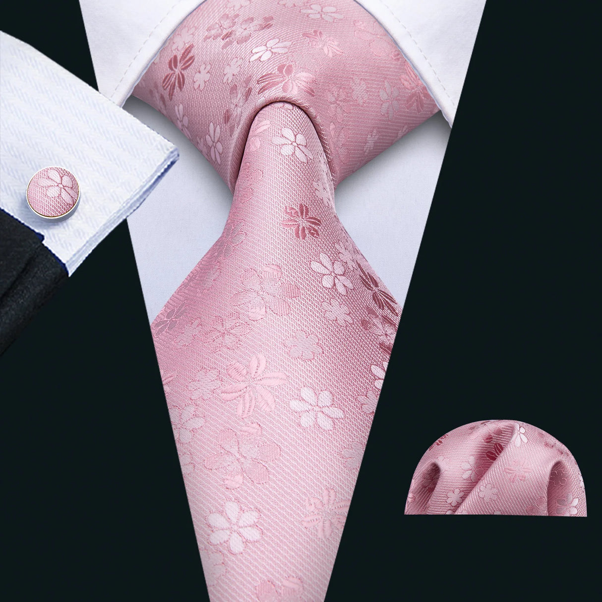 Pink Silk Jacquard Floral Wedding Business Necktie Handkerchief Cufflinks