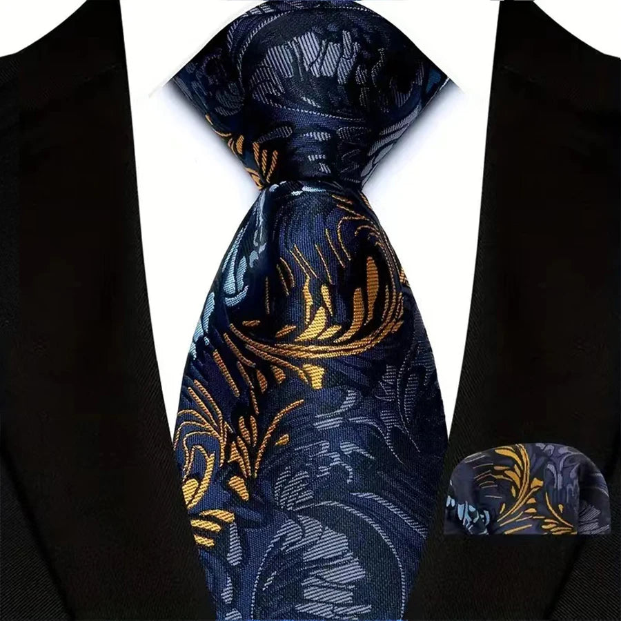 Blue Gold Silk Polyester 8cm Pocket Square Necktie Set