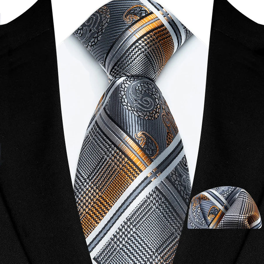 Gray Silk Polyester 8cm Pocket Square Necktie Set