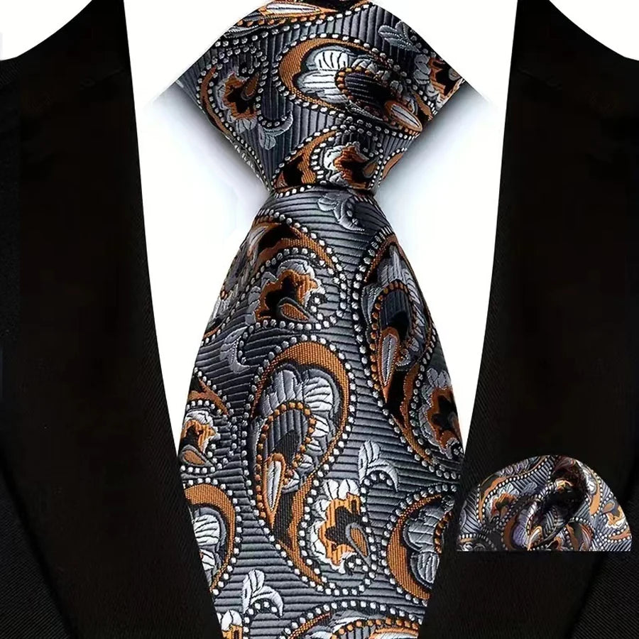 Silver Silk Polyester 8cm Pocket Square Necktie Set