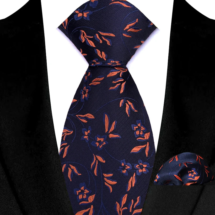 Blue Orange Silk Polyester 8cm Pocket Square Necktie Set