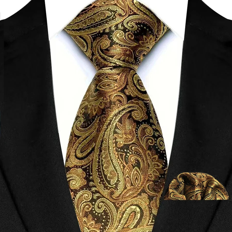 Gold Silk Polyester 8cm Pocket Square Necktie Set