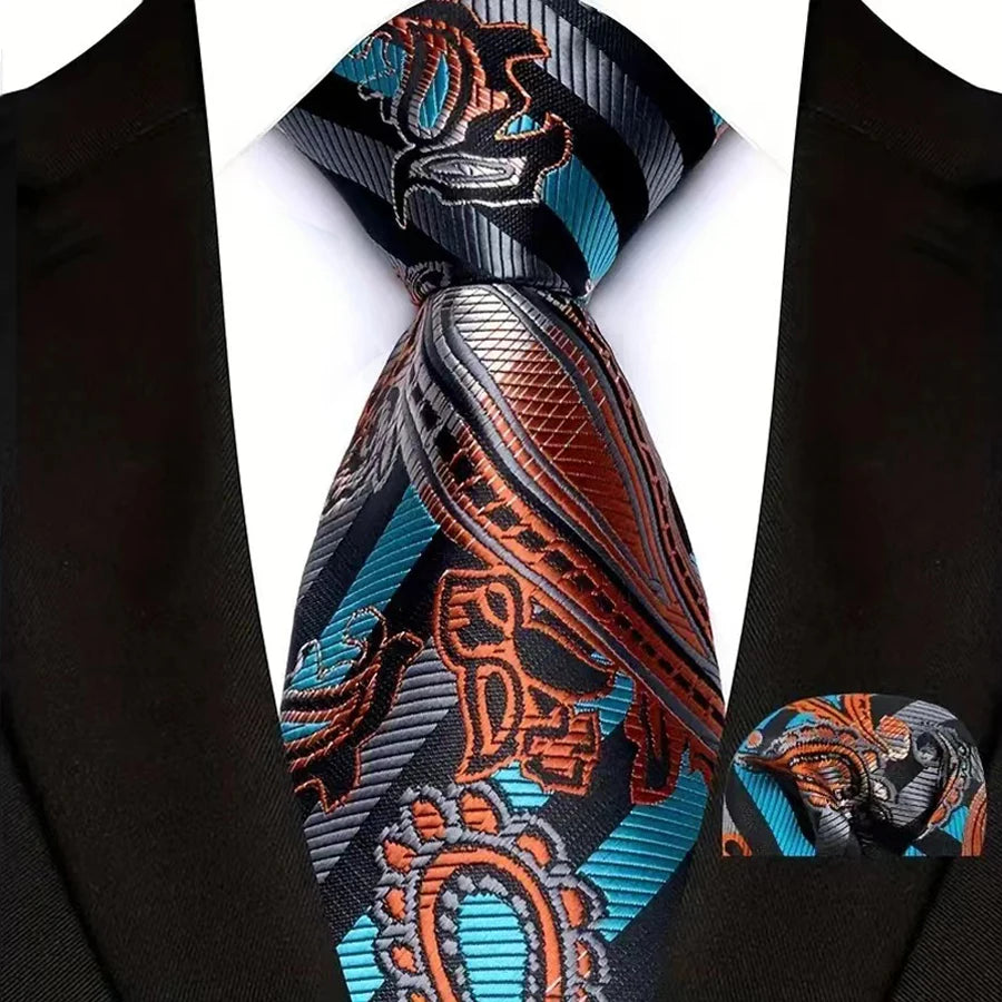 Blue Orange Silk Polyester 8cm Pocket Square Necktie Set