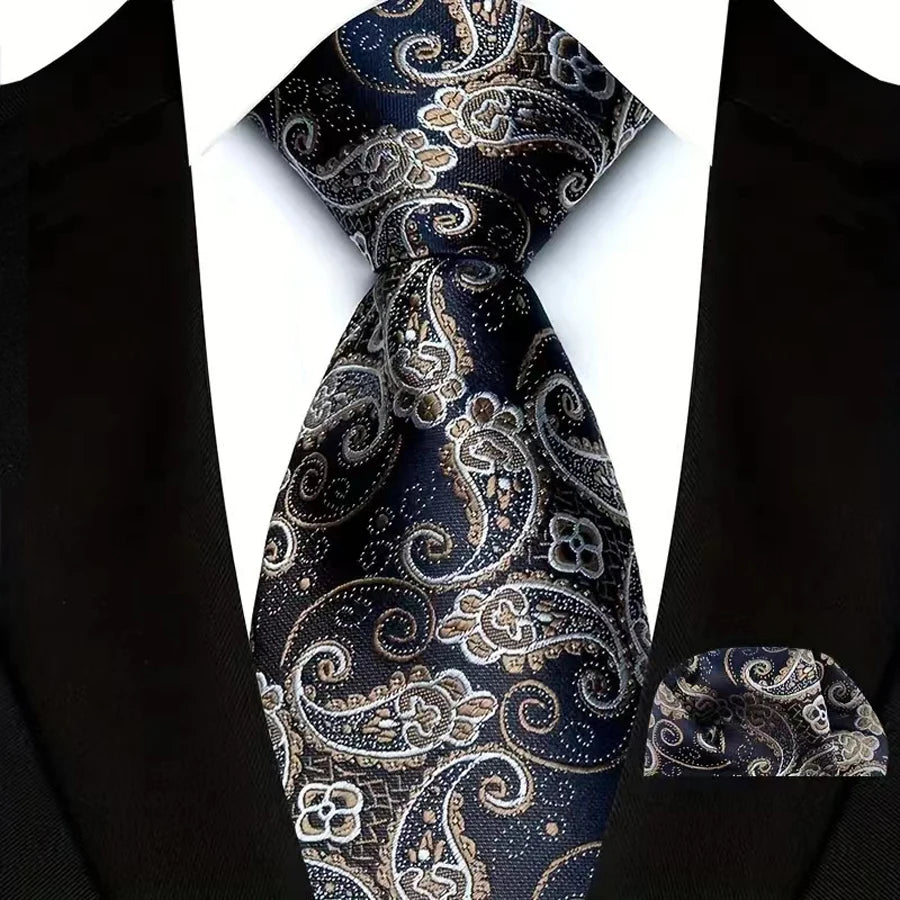 Black Silver Silk Polyester 8cm Pocket Square Necktie Set