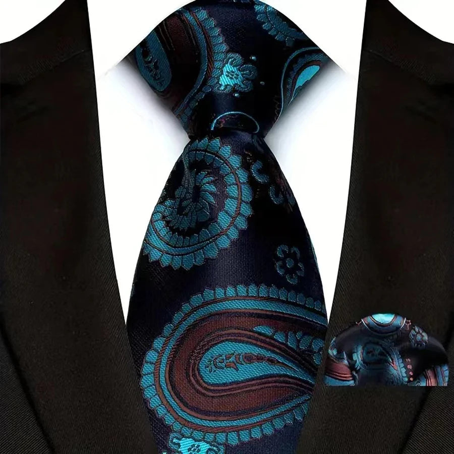 Blue Silk Polyester 8cm Pocket Square Necktie Set
