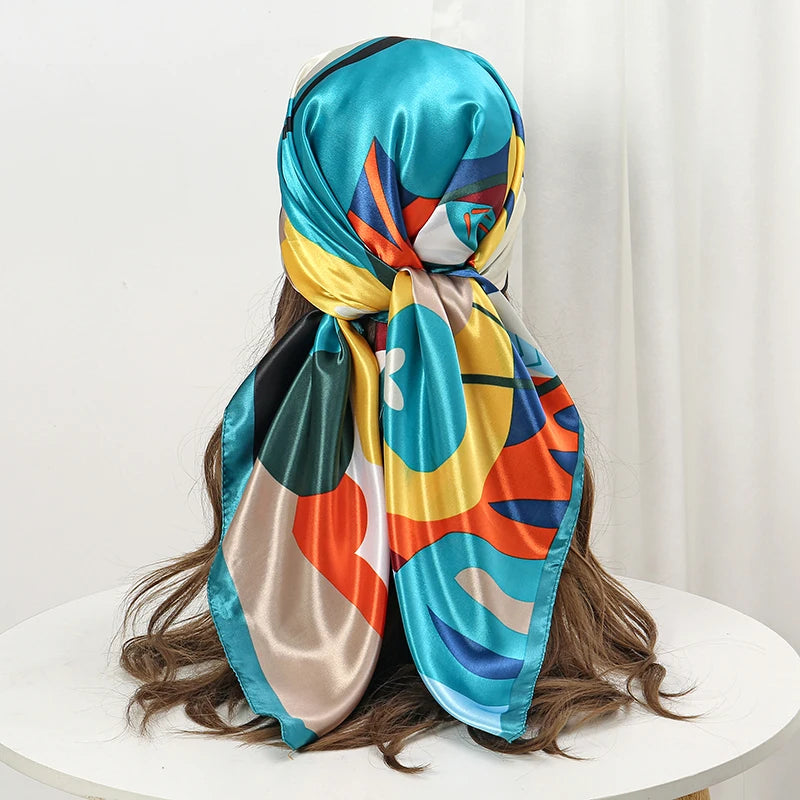 Blue Silk Shawl Satin Square Print Foulard Hijab Wraps Bandana