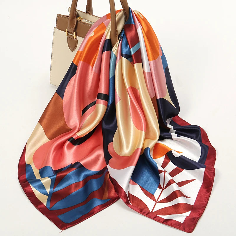 Orange Red Silk Shawl Satin Square Print Foulard Hijab Wraps Bandana
