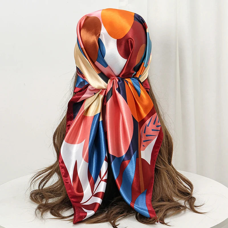 Orange Red Silk Shawl Satin Square Print Foulard Hijab Wraps Bandana