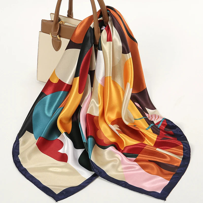 Yellow Red Silk Shawl Satin Square Print Foulard Hijab Wraps Bandana