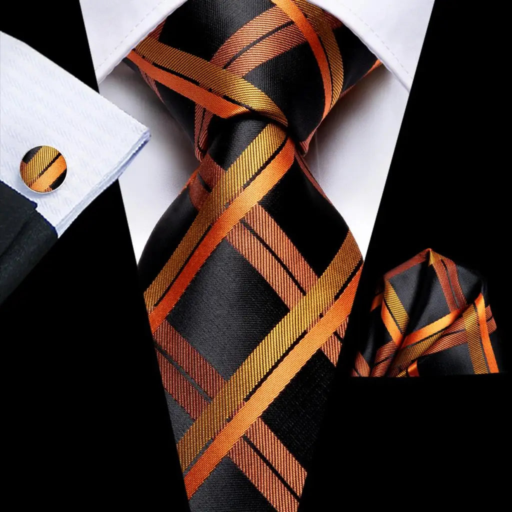 orange Black Silk Wedding Tie Cufflink Set Fashion Designer Necktie