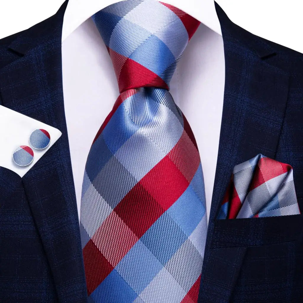 Blue Red Silk Wedding Tie Cufflink Set Fashion Designer Necktie