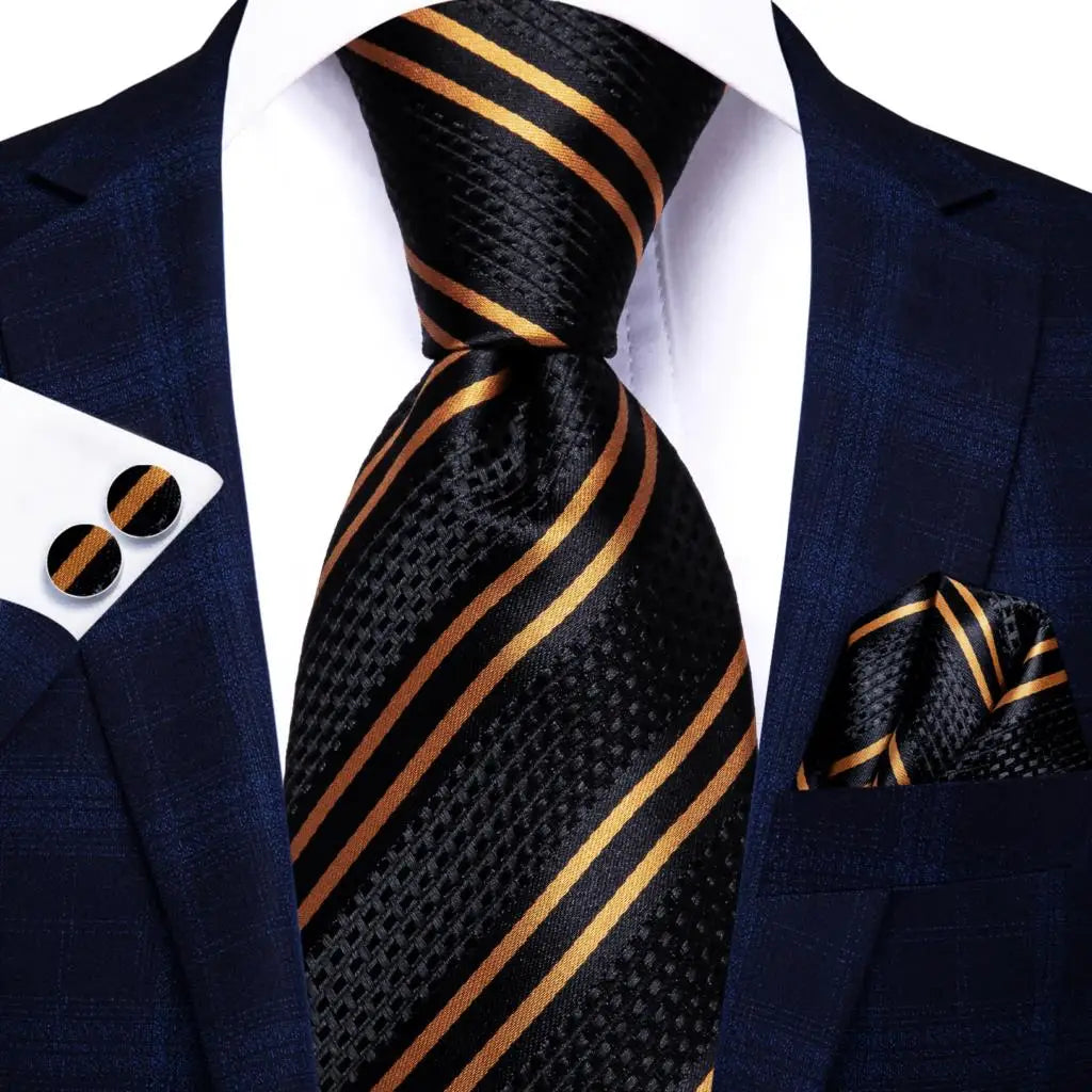 Black Gold Silk Wedding Tie Cufflink Set Fashion Designer Necktie