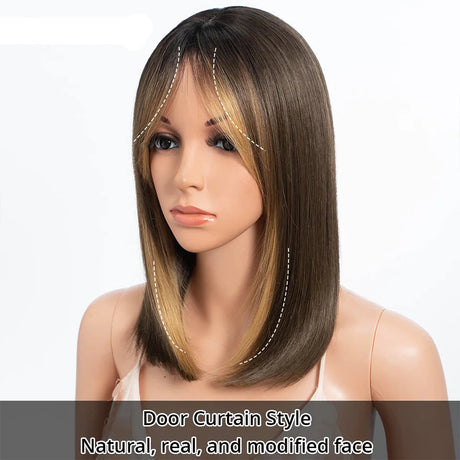 Silky Straight Synthetic Wig with Bangs side view as brown