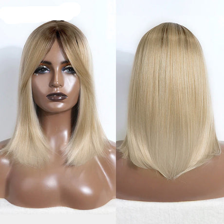 Silky Straight Synthetic Wig with Bangs blonde
