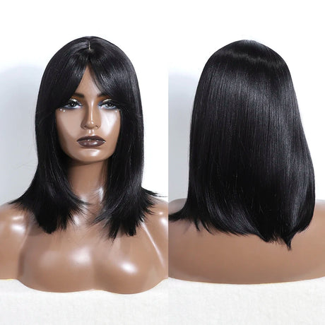 Silky Straight Synthetic Wig with Bangs black