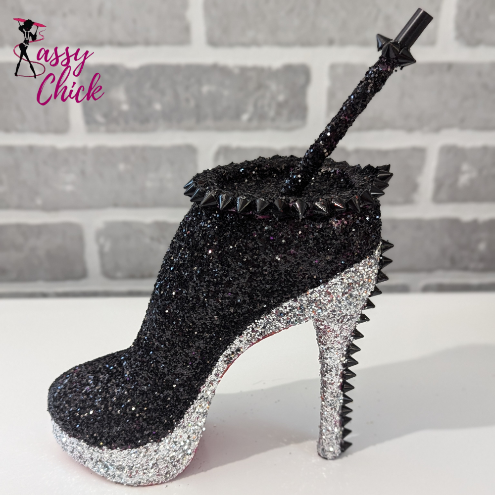 Silver Black Stiletto Heel Tumbler Cup Sassy Chick Logo
