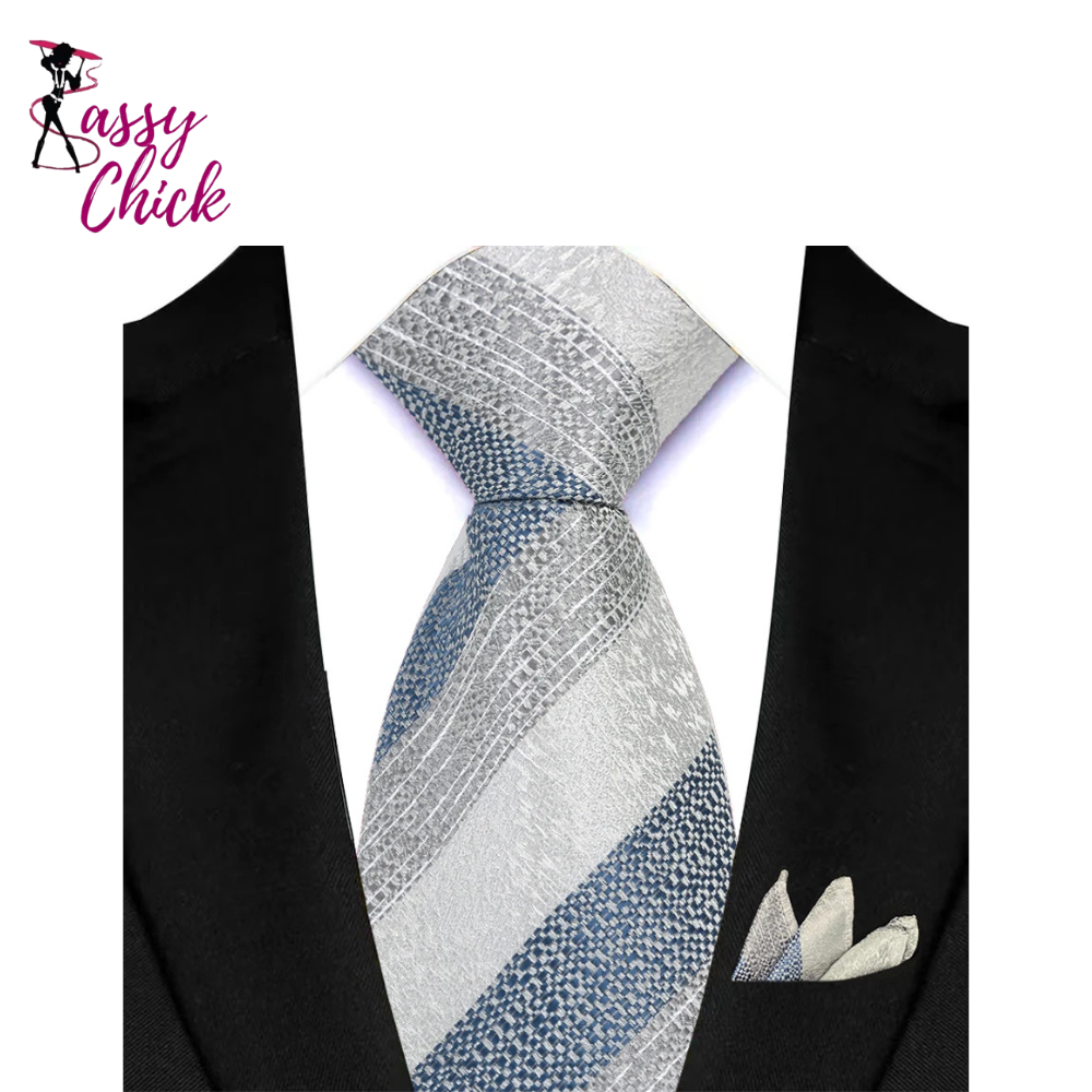 Silver Paisley Floral Stripes Neck Tie Set Handkerchief Sassy Chick Logo