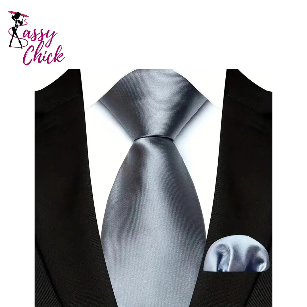 Silver Paisley Floral Stripes Neck Tie Set Handkerchief Sassy Chick Logo