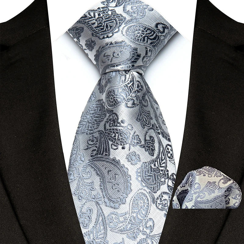 Silver Paisley Floral Stripes Neck Tie Set Handkerchief