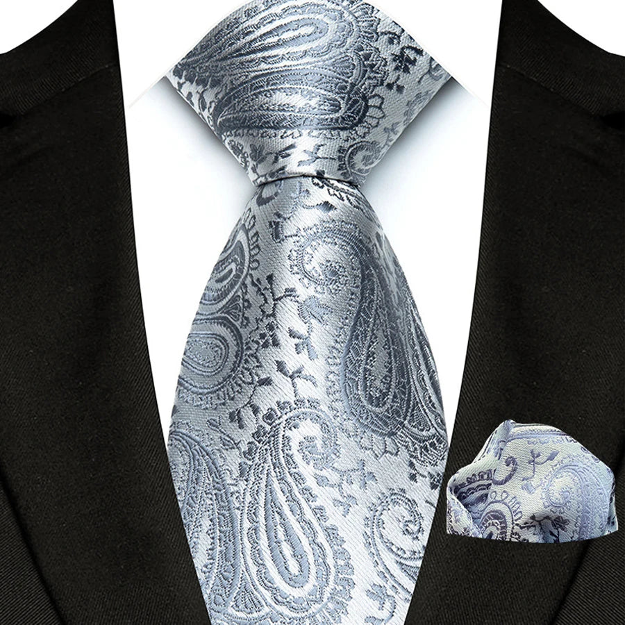 Silver Paisley Floral Stripes Neck Tie Set Handkerchief