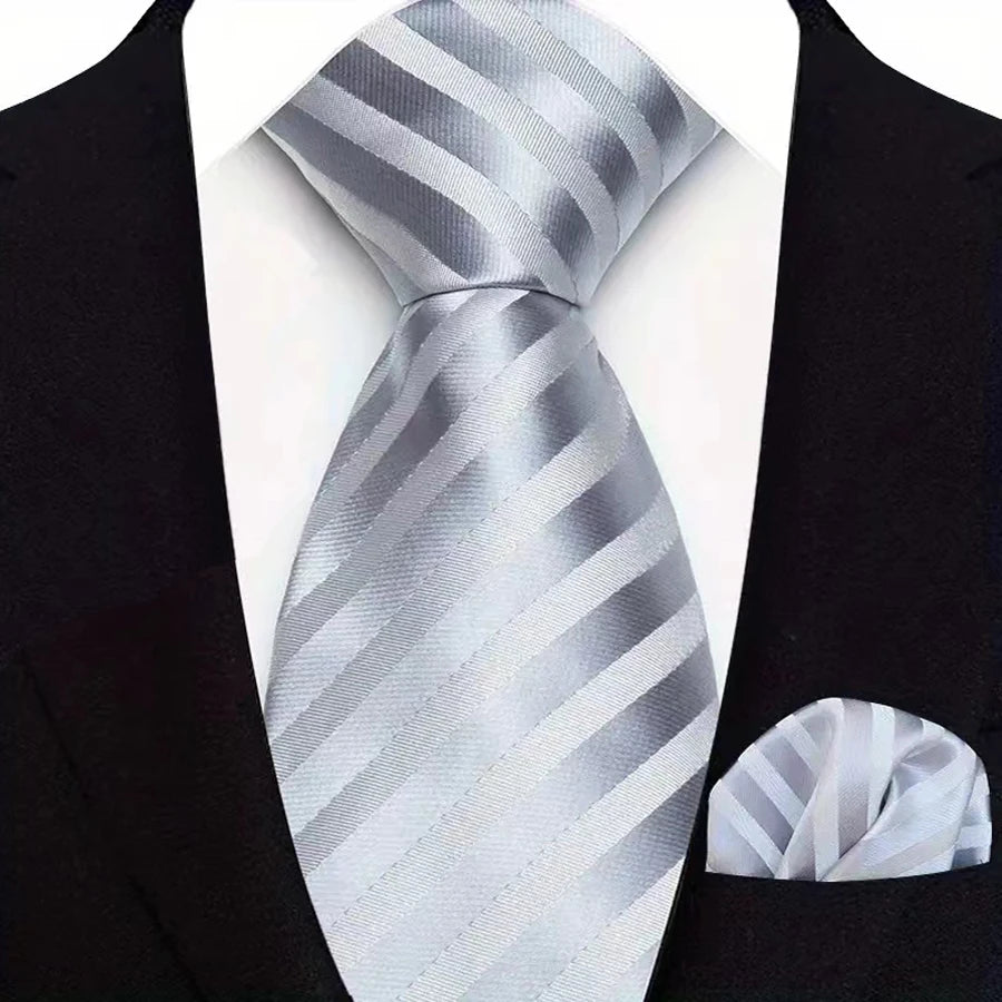 Silver Paisley Floral Stripes Neck Tie Set Handkerchief