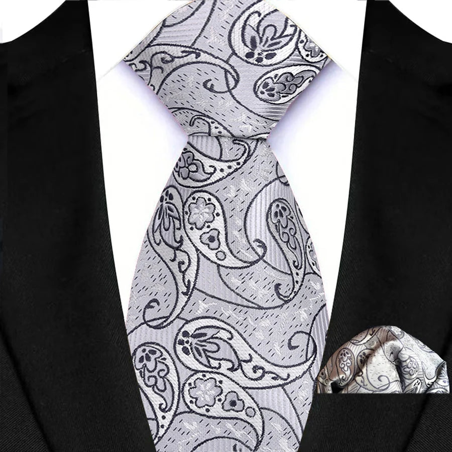 Silver Paisley Floral Stripes Neck Tie Set Handkerchief