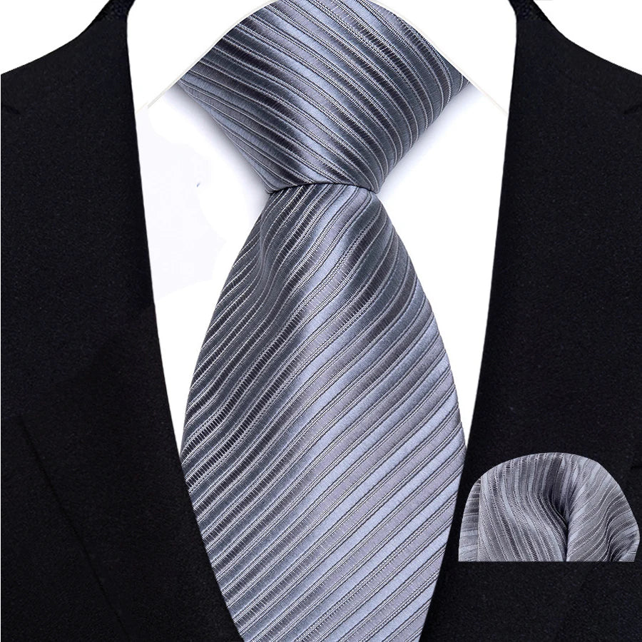 Silver Paisley Floral Stripes Neck Tie Set Handkerchief