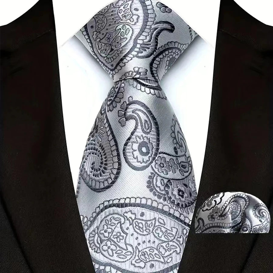 Silver Paisley Floral Stripes Neck Tie Set Handkerchief
